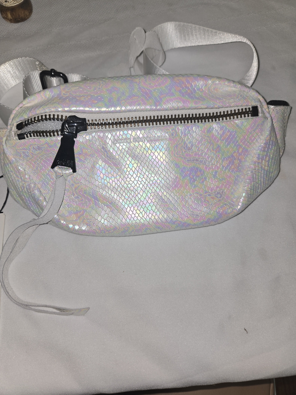 Aimee Kestenberg Iridescent White Snake-Embossed Crossbody Bag